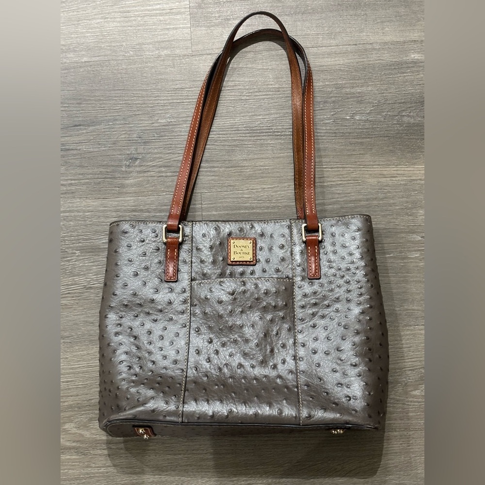 Dooney & Bourke Lexington Ostrich Bag in Grey Silver Red Interior